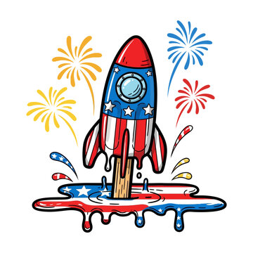 Patriotic American flag rocket popsicle vector illustration with fireworks isolated on white background