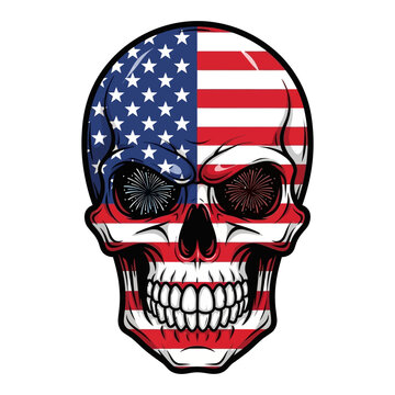 Patriotic American flag skull vector illustration with fireworks in eyes isolated on white background