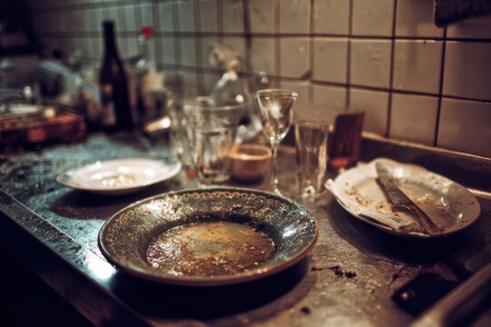 Dirty white dishes in restaurant kitchen after party with mess scene.