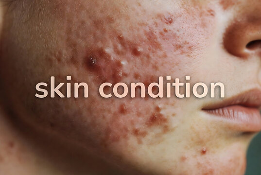 This image depicts a close-up of skin with severe acne scarring and lesions on the face.