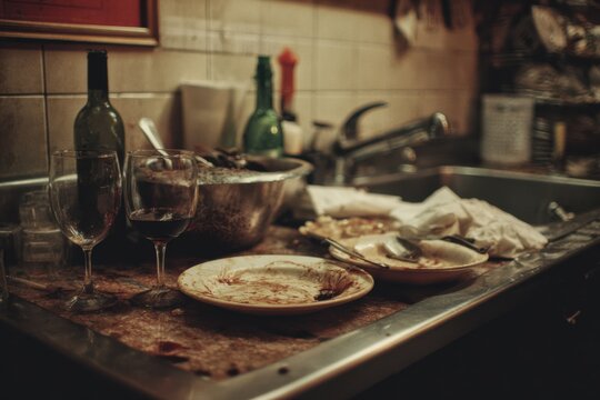 Dirty white dishes in restaurant kitchen after party with mess scene.