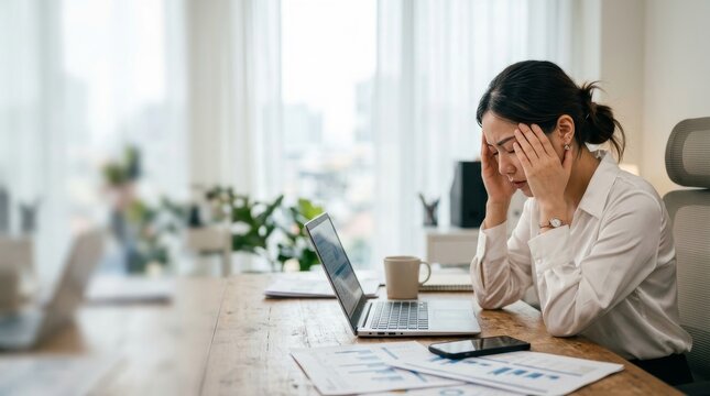Stressed Young Japanese Businesswoman Feeling Exhausted and Overworked at Desk with Laptop and Copy Space