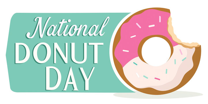 National donut day banner with bitten pink frosted donut and sprinkles on pastel background