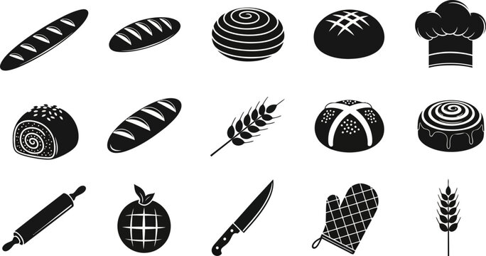 black and white illustrations of various bread types and baking tools on white background