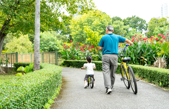 Back of Asian little girl ride a bicycle to get ahead of her grandfather on the road of public park or garden and she look fun with this activity.