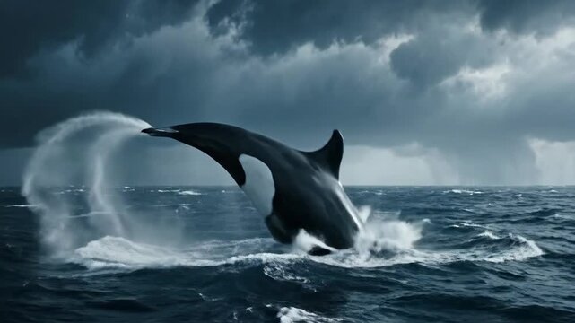 Orca Whale Leaping from Stormy Ocean Waters