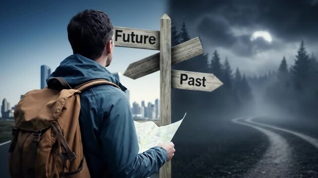 Man contemplating past and future on a split road