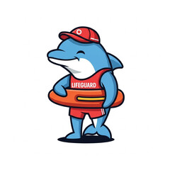 Naklejka premium Cartoon Dolphin Lifeguard with Rescue Tube and Cap