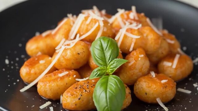 Delicious gnocchi with basil and parmesan on black plate