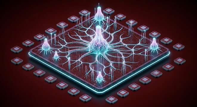 futuristic bio neural network with glowing connections on a dark red surface
