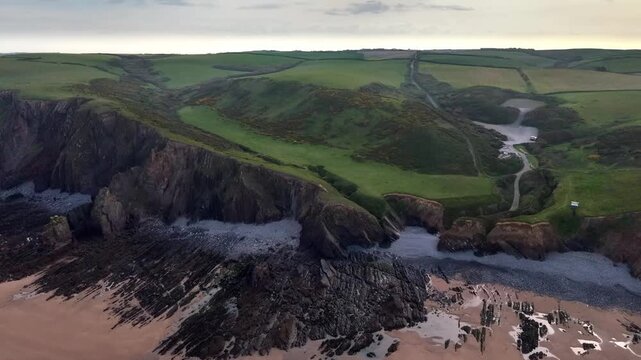 Panoramic scene early morning at a Cornish beach