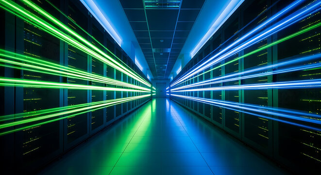 long exposure view inside a modern data center with glowing server racks