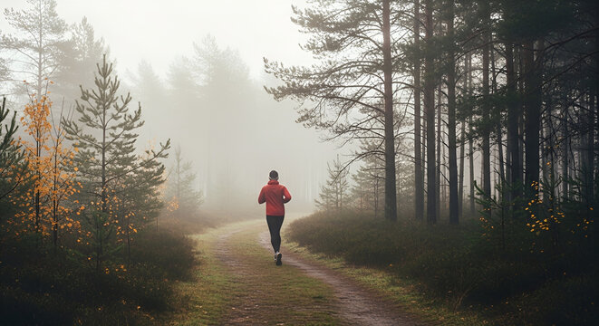 Runner on a misty forest path through pine trees and autumn foliage in the morning fog
