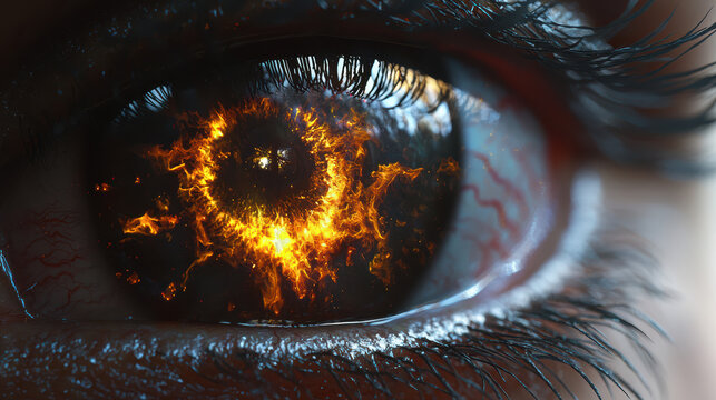 A captivating close-up of a human eye reveals a mesmerizing vortex of fiery orange light reflecting within, surrounded by intricate details of the iris and lashes.