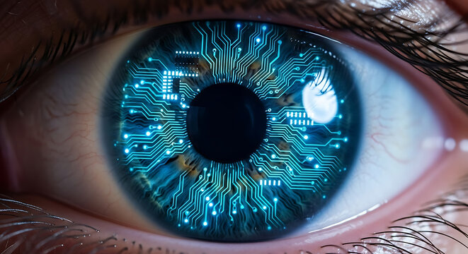 human eye with integrated circuit pattern close up photograph with digital technology