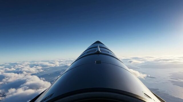 Airplane flying above the clouds with mountains below