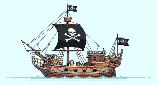 Cartoon Pirate Ship Sailing on Ocean with Jolly Roger Flag
