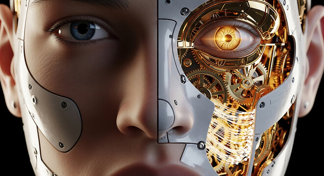 cyborg face with mechanical components and a realistic human eye close up