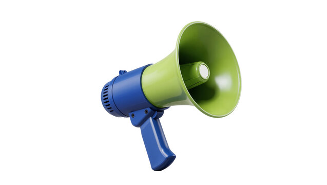 Blue plastic megaphone with green horn and silver speaker