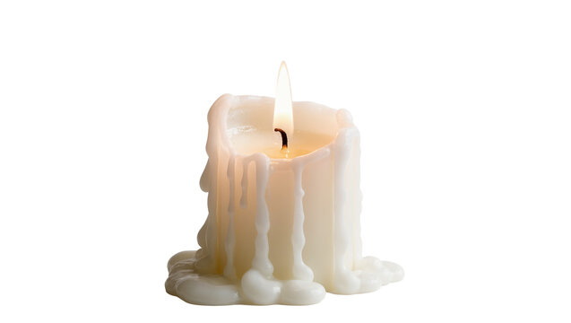 Melting white wax candle with flickering flame burning