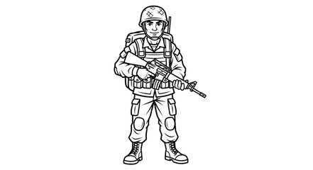Fototapeta premium Cartoon Soldier Holding Rifle, Military Character Illustration, Full Body, White Background