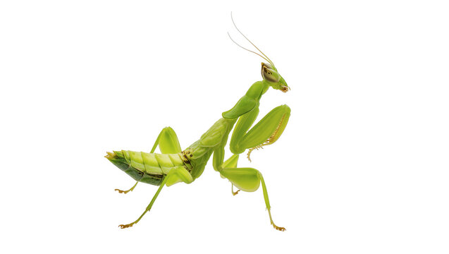 Green praying mantis insect with long antennae and forelegs