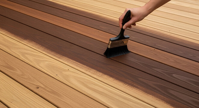 Hand applying wood stain to outdoor deck planks with a paintbrush