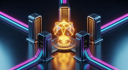 Isometric futuristic server complex with glowing geometric core and neon lighting high quality