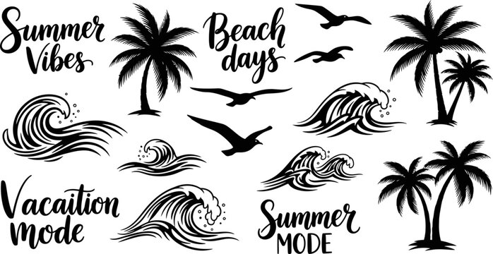 Black and white summer beach illustrations with palm trees waves and birds