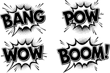Comic book explosion sound effects in pop art style on white background © Pixel Verses