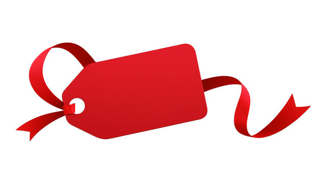 Red blank price tag with flowing ribbon decoration