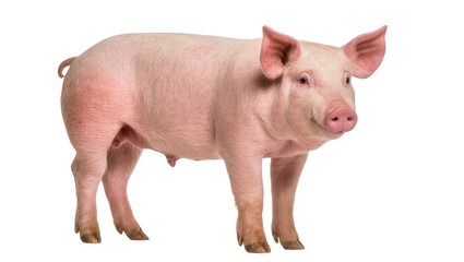 Pink domestic pig standing sideways with curled tail and snout © Ari