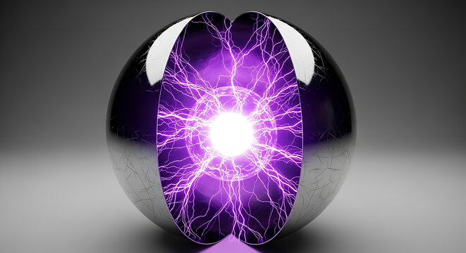 metallic chrome sphere with internal purple energy and fractured surface high quality professional