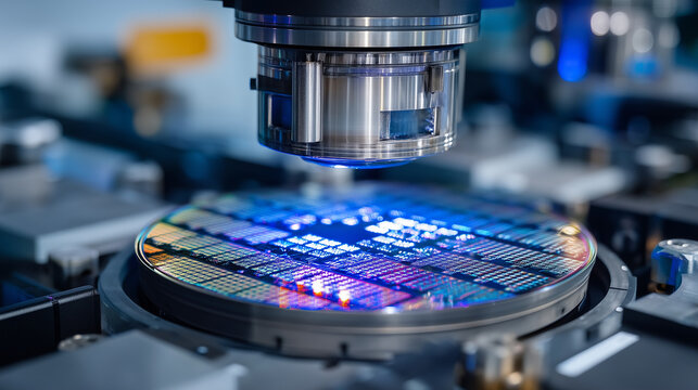 Silicon wafers arranged on a robotic arm track inside a fabrication chamber, blue UV light washing over etched circuit patterns, blurred cleanroom technicians visible through a saf