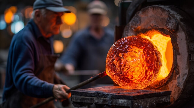 Molten glass being gathered from a glory hole furnace, glowing sphere of orange suspended in studio air, a second craftsperson standing with wooden shaping tools at ready, warm ind