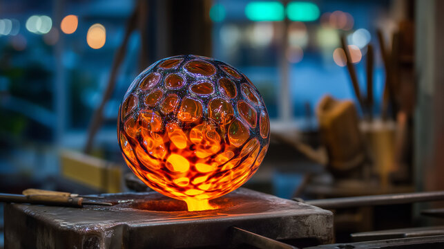 Molten glass being gathered from a glory hole furnace, glowing sphere of orange suspended in studio air, a second craftsperson standing with wooden shaping tools at ready, warm ind