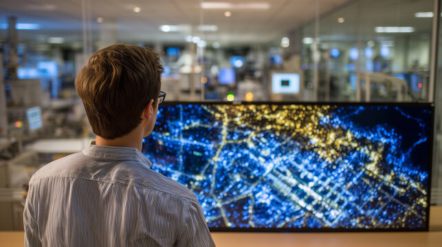 A semiconductor engineer studying wafer defect maps on a large backlit display inside a cleanroom anteroom, floor-to-ceiling glass partitions revealing fabrication equipment, ideal