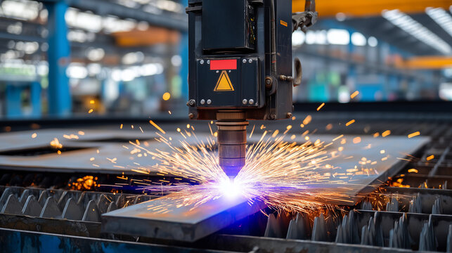 A CNC plasma cutter slicing geometric shapes from steel sheet, bright white arc glowing under a busy workshop roof, cut pieces falling onto a grated table below, operator behind a