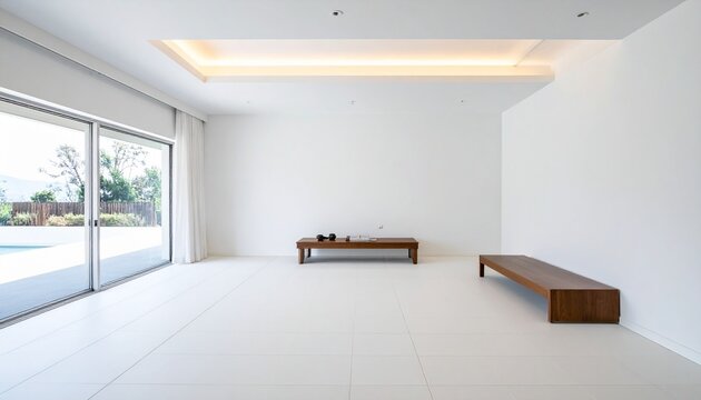 "Show a bright minimalist interior with white walls, recessed niche, wooden shelf, and large window view."