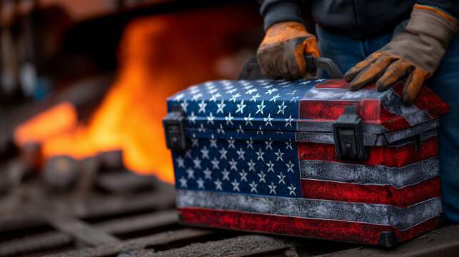 Memorial Day tribute shown as steel worker pausing beside a flag-draped tool chest inside a foundry, American colors catching orange furnace glow, candid unposed moment, ideal for
