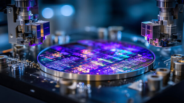 Semiconductor fabrication wafer inside a photolithography stepper, deep ultraviolet purple light defining circuit geometry, robotic handlers positioned on either side, ideal for ch