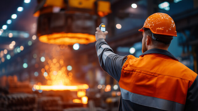 Steel foundry worker guiding a ladle crane with a remote pendant controller, glowing steel visible inside the raised ladle, industrial setting smoke and heat haze filling upper war