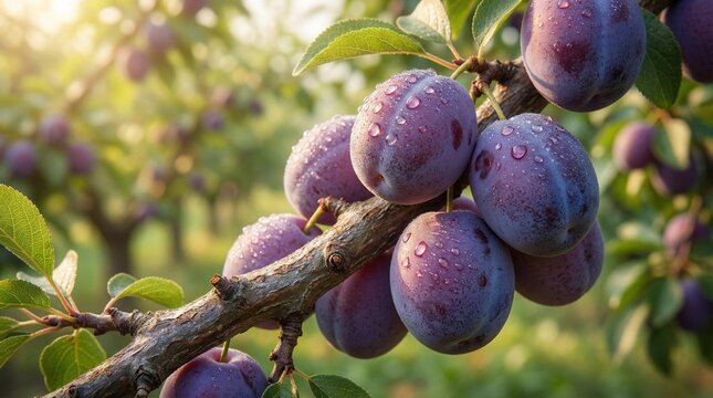 Ripe plums with water droplets hanging on a branch in an orchard at sunrise