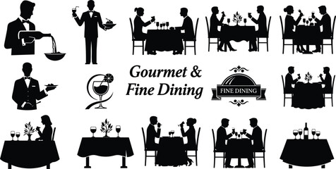 Obraz premium Gourmet and Fine Dining Vector Illustrations Featuring Waiter Serving Wine, Dishes, and Couples Dining in Elegant Restaurant Setting