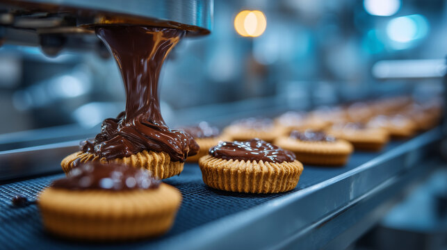 A food factory chocolate enrober coating biscuit centers on a moving wire belt, chocolate waterfall cascading from a stainless header, steam and aroma implied by shimmer rising fro