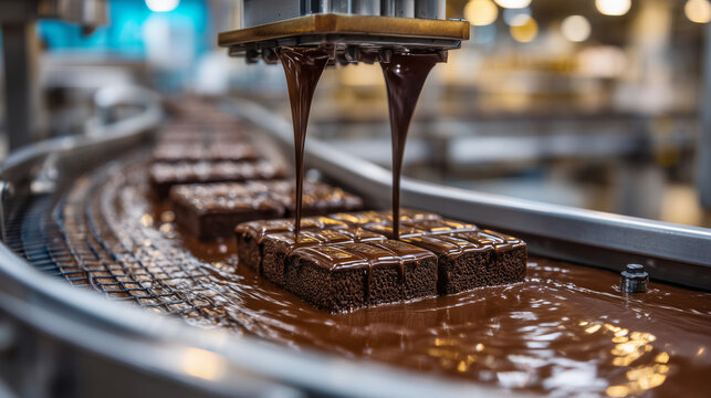 A food factory chocolate enrober coating biscuit centers on a moving wire belt, chocolate waterfall cascading from a stainless header, steam and aroma implied by shimmer rising fro