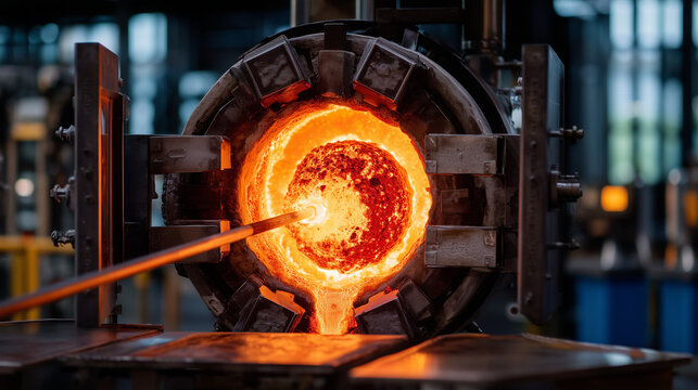 A glass furnace glory hole door swung open at a hot shop, interior glowing brilliant white-orange, a glassblower inserting a punty rod to retrieve a form, industrial setting heat d