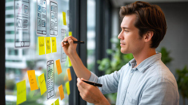 Beta tester writing detailed handwritten feedback on sticky notes pressed across a glass wall covered in wireframe sketches, overcast grey light flooding through tall windows, idea