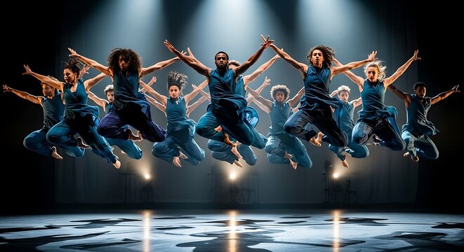 Ensemble leaps in coordinated motion on a stage, illuminated by dramatic spotlights