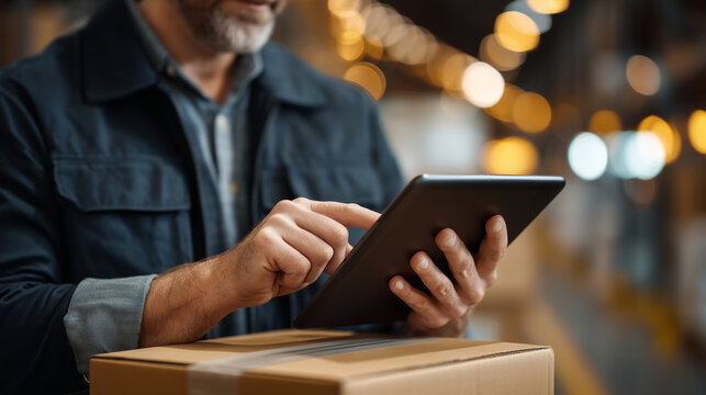 Lone developer stress-testing a rough MVP app interface on a cracked tablet propped on cardboard boxes in an empty warehouse, warm amber work light casting long shadows, ideal for